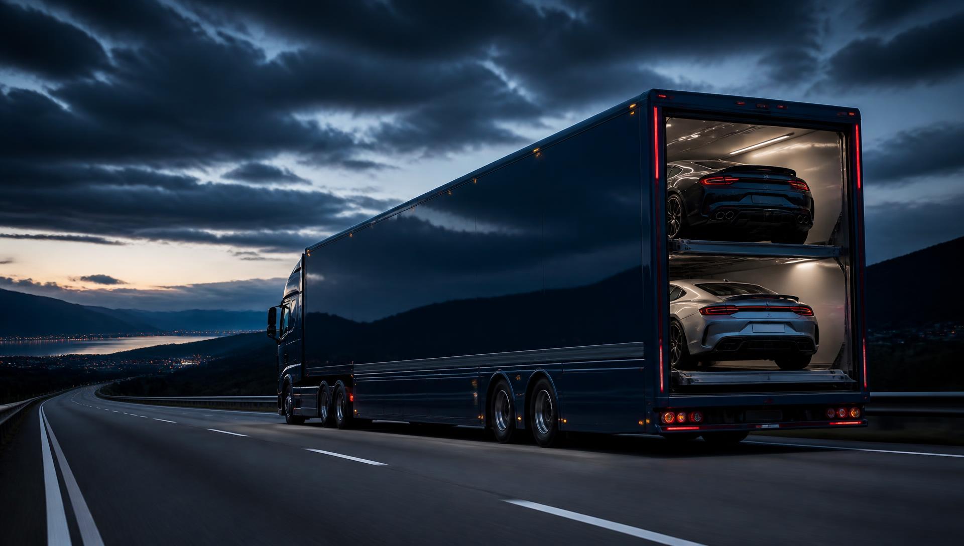 Geschlossener Fahrzeugtransporter mit Premiumfahrzeugen auf einer europäischen Autobahn